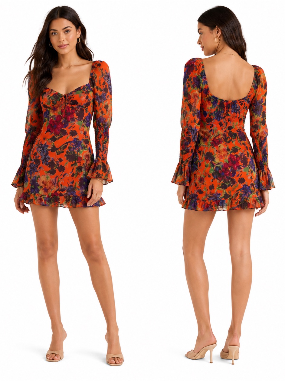 Rat & Boa Naomi Floral Mini Dress Xxs 0-2 Us Orange Long Sleeve Viscose Boho